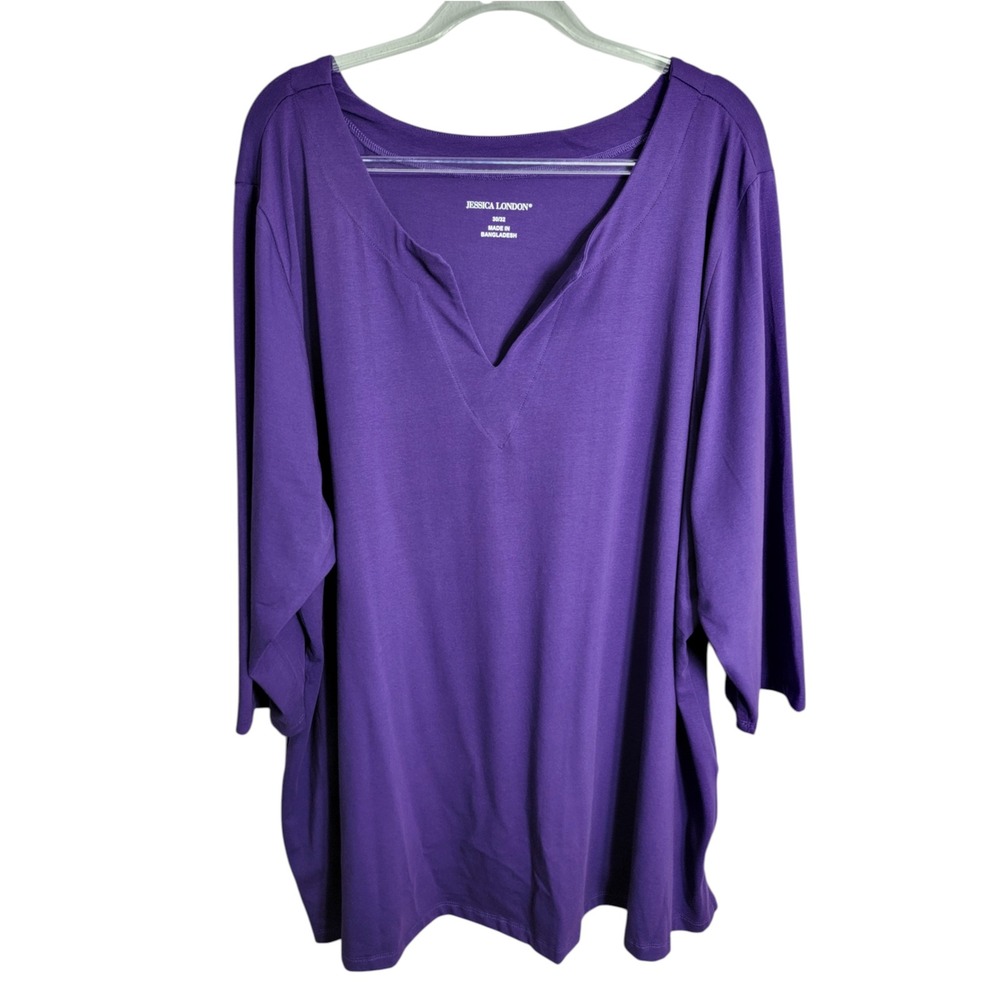 Jessica London Women 30/32 Tunic Top Purple 3/4 Sleeve Split Neck Cotton Stretch